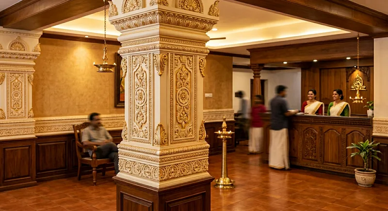 Designer POP pillar mouldings in a hotel lobby at Aranattukara, Thrissur