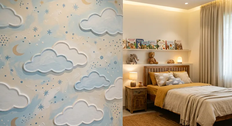 Pattern textured kids bedroom feature wall at Patturaikkal, Thrissur