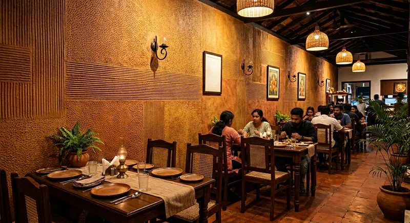 Textured plaster accent walls in a Kunnamkulam restaurant