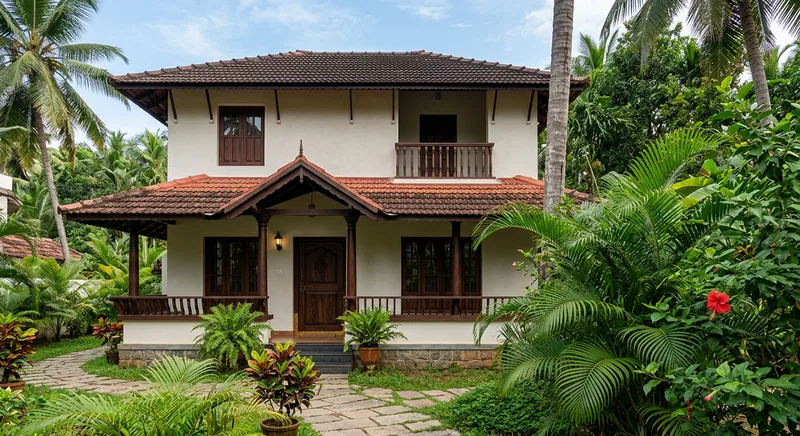 Exterior villa facade re-plastered at Kodungallur after coastal salt damage