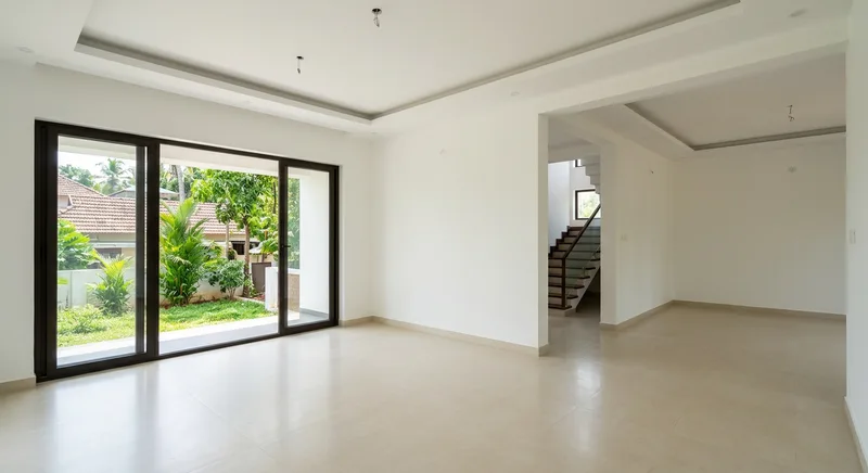 Gypsum plastered interior of a 3BHK villa in Punkunnam, Thrissur