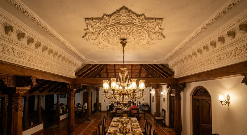 Decorative POP cornice and ceiling rosette in a Thrissur villa