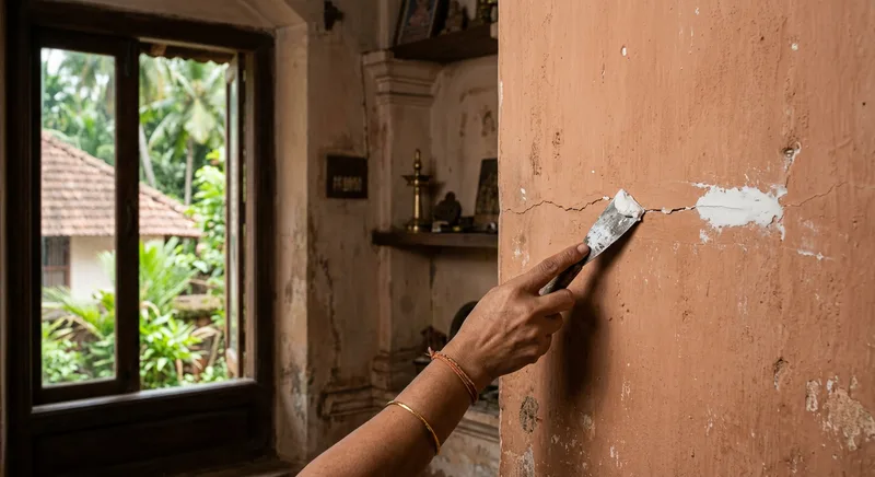 Plaster crack repair on a Thrissur home wall before repainting