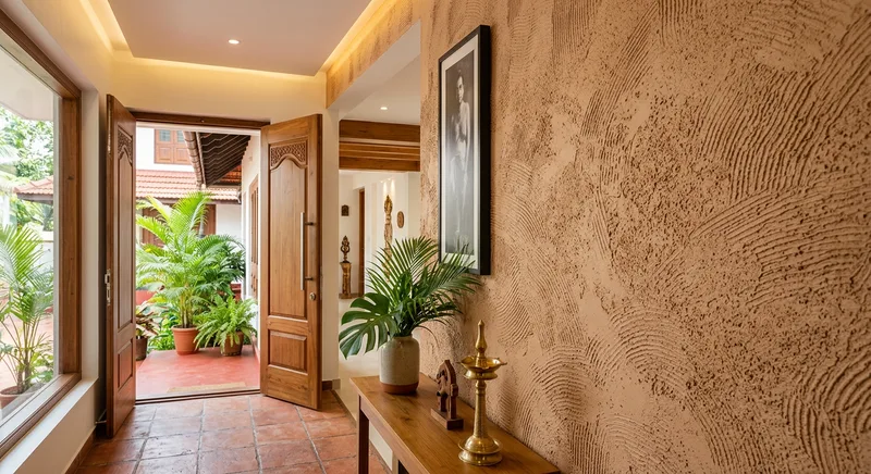 Textured plaster accent wall in a Thrissur home foyer